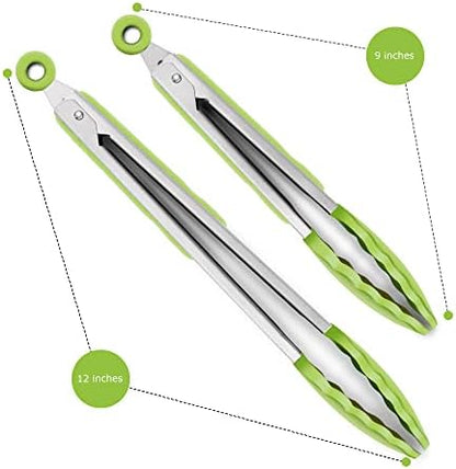 2 Pack Silicone Kitchen Tongs, 9 & 12 Inch, Stainless Steel, Light Green - Image 4