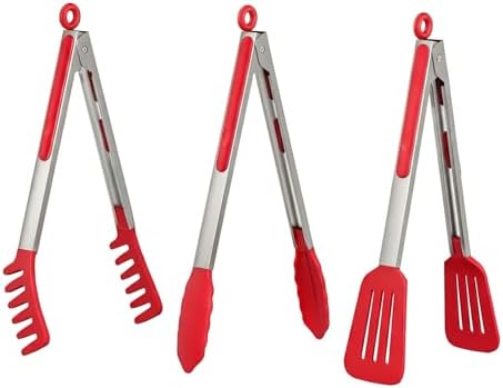 HST Non Stick Silicone Kitchen Tongs, 3 Pack 12 Inch Red BBQ Cooking Baking by HST