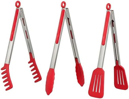 HST Non Stick Silicone Kitchen Tongs, 3 Pack 12 Inch Red BBQ Cooking Baking by HST