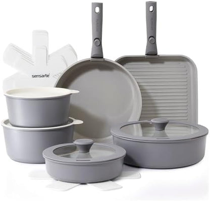 SENSARTE 17 Piece Ceramic Detachable Handle Pots and Pans Set Gray by SENSARTE
