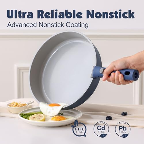 SENSARTE 17 Piece Ceramic Detachable Handle Pots and Pans Set Navy - Image 4