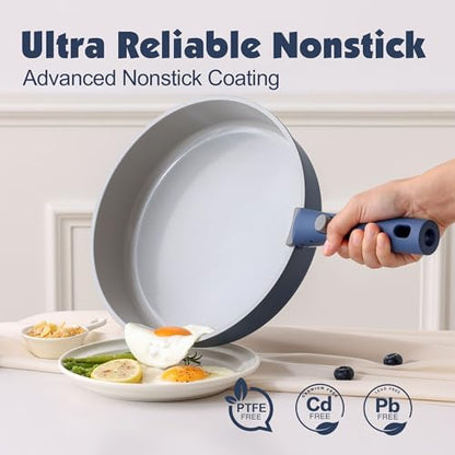 SENSARTE 17 Piece Ceramic Detachable Handle Pots and Pans Set Navy - Image 4