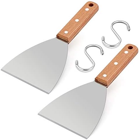 HaSteeL Wooden Griddle Scraper Set of 2, Stainless Steel Metal Grill Scrapers by HaSteeL