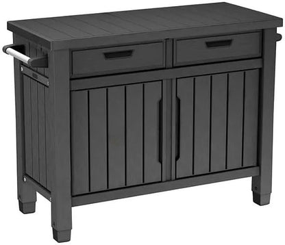 Outdoor Grill Table, Entertainment, and Storage Table with Drawers in Graphite Gray is a Versatile and Stylish Addition to Any Outdoor Space.