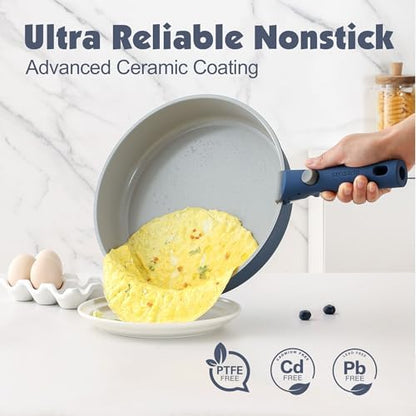 SENSARTE 24 Piece Ceramic Detachable Handle Pots and Pans Set Navy - Image 4