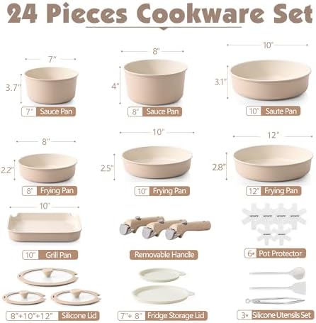 SENSARTE 24 Piece Ceramic Detachable Handle Pots and Pans Set Almond Beige - Image 2