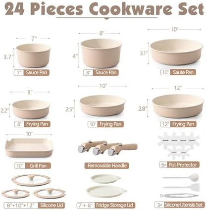 SENSARTE 24 Piece Ceramic Detachable Handle Pots and Pans Set Almond Beige - Image 2