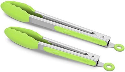 2 Pack Silicone Kitchen Tongs, 9 & 12 Inch, Stainless Steel, Light Green by ALLWIN-HOUSEWARE