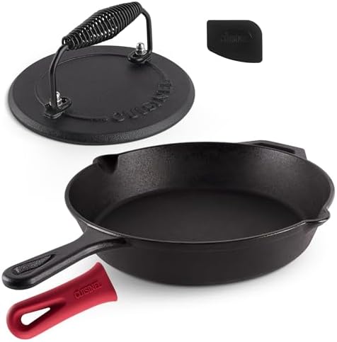 Cast Iron Skillet + Grill Press + Scraper Set by Cuisinel