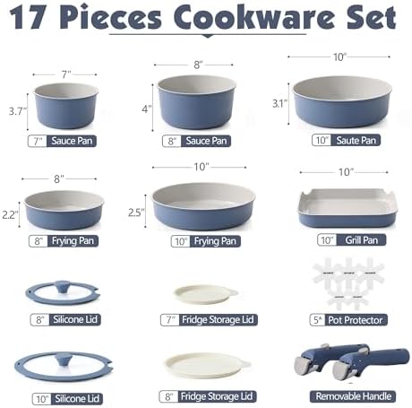 SENSARTE 17 Piece Ceramic Detachable Handle Pots and Pans Set Navy - Image 2