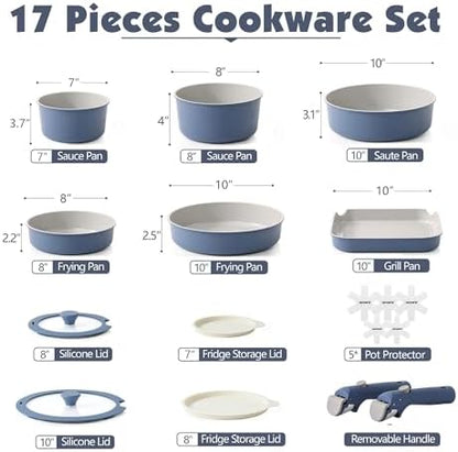 SENSARTE 17 Piece Ceramic Detachable Handle Pots and Pans Set Navy - Image 2
