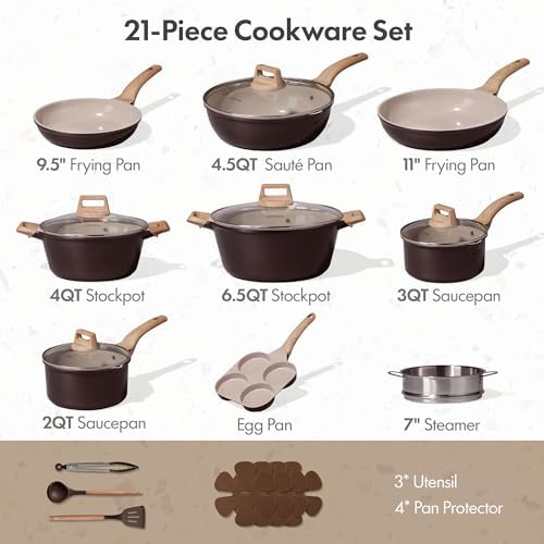 CAROTE 21pcs Ceramic Cookware Sets, Pots and Pans Set - Image 2