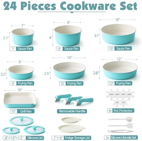 SENSARTE 24 Piece Ceramic Detachable Handle Pots and Pans Set Turquoise - Image 2