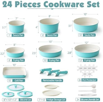 SENSARTE 24 Piece Ceramic Detachable Handle Pots and Pans Set Turquoise - Image 2