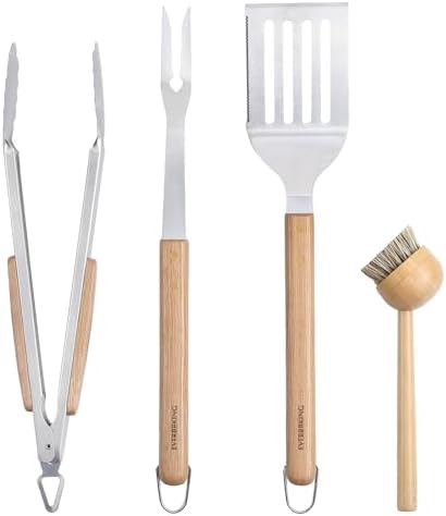 3Pc Wooden BBQ Tool Set, Heavy Duty Spatula, Fork & Tongs by EVERBBKING