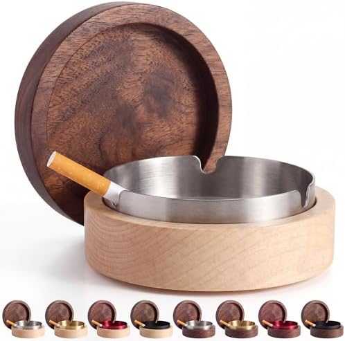 Ashtray with Lid, Wooden with Stainless Steel Insert by Unknown