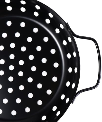 Round Grill Wok with Handle, Carbon Steel Grill Pan With Holes, Non-Stick - Image 4