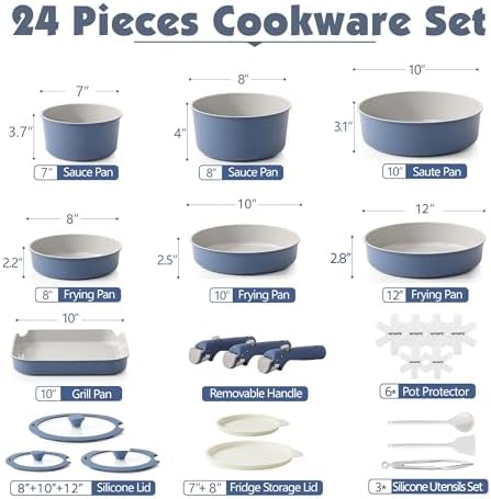 SENSARTE 24 Piece Ceramic Detachable Handle Pots and Pans Set Navy - Image 2