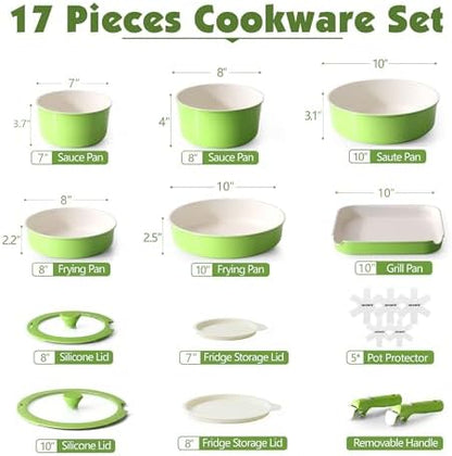 SENSARTE 17 Piece Ceramic Detachable Handle Pots and Pans Set Green - Image 2