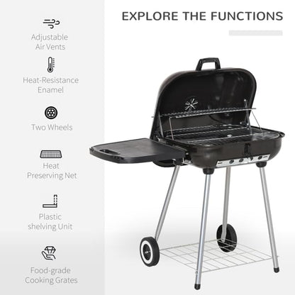 Portable Charcoal Grill with Wheels, 21-Inch BBQ Kettle Grill with Foldable Side Shelf & Warming Rack, Porcelain-Enameled Locking Lid & Adjustable Air Vent for Outdoor Camping, Patio, Backyard, Black