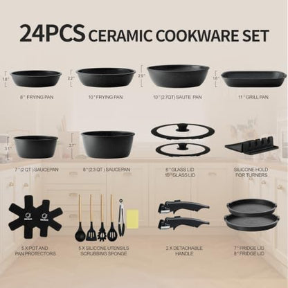 BECIGAR 24pcs Ceramic Pots and Pans Set, Nonstick Detachable Handle Cookware - Image 2