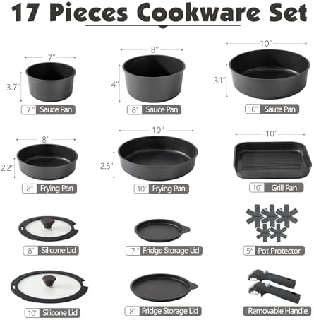 SENSARTE 17 Piece Nonstick Detachable Handle Pots and Pans Set Black - Image 2