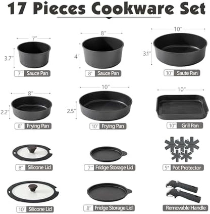 SENSARTE 17 Piece Nonstick Detachable Handle Pots and Pans Set Black - Image 2