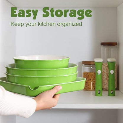 SENSARTE 17 Piece Ceramic Detachable Handle Pots and Pans Set Green - Image 3