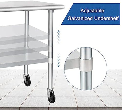 HARDURA Stainless Steel Table with Wheels 24 x 48 Inches Casters NSF Heavy Duty Commercial Work & Prep Table with Undershelf and Galvanized Legs for Restaurant Kitchen Bar and Hotel Garage