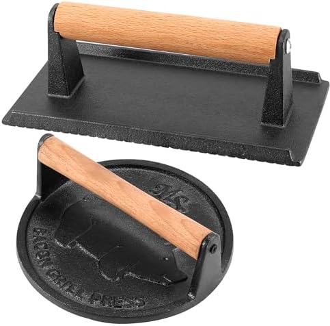 2 Pack Black Cast Iron Grill Press, 7 x7 Inch Round and 8 x 4 Inch Rectangle by HEIHAK