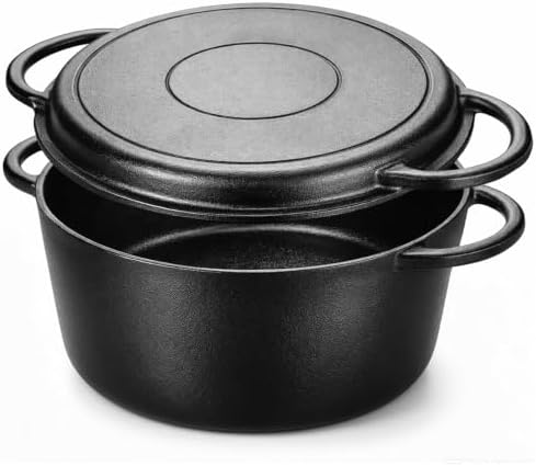 5QT Cast Iron Dutch Oven with Skillet Lid, 2-in-1 Cookware Set by JINCHUFURI