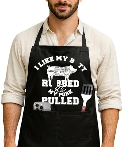 Funny Black Grill Apron with Pockets by NIORAYNA