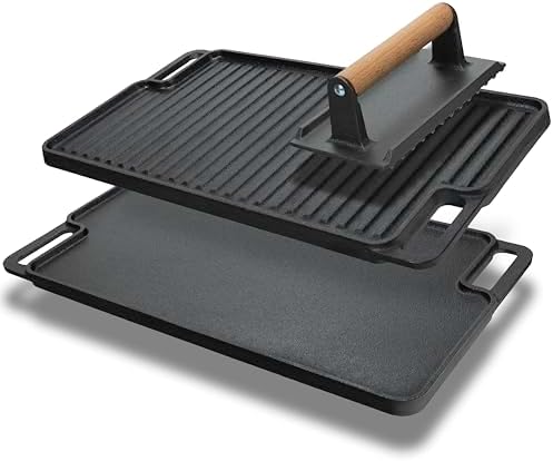 Cast Iron Griddle/Grill Reversible Combo Set + Protective Mitts, Grill Press & by ModernInnovations