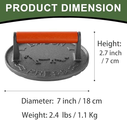 Cast Iron Burger Press, 7.2 inch Round, Wood Handle - Image 2