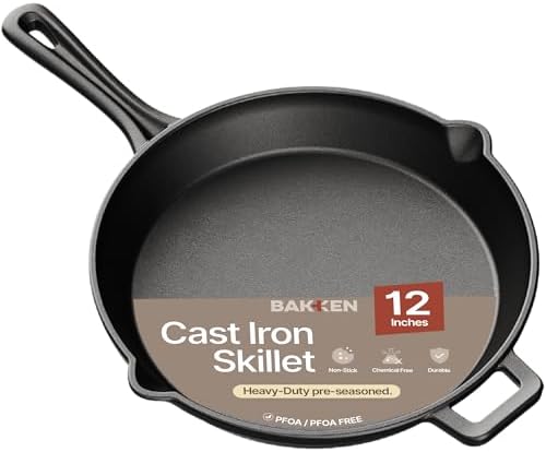 Bakken 12" Cast Iron Skillets, Pre-Seasoned Frying Pan by BAKK%C3%8BNMASTER