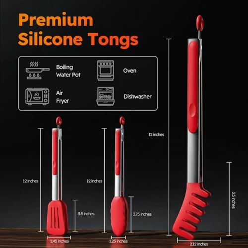 HST Non Stick Silicone Kitchen Tongs, 3 Pack 12 Inch Red BBQ Cooking Baking - Image 2