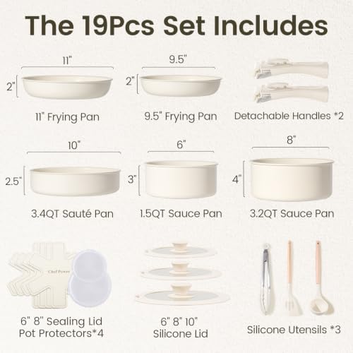 Chef Power 19 Pcs Nonstick Pans and Pots Set, Ceramic Detachable Cookware - Image 2