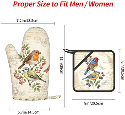 Retro Birds 4 Pcs Heat Resistant Oven Mitts Pot Holders Gloves - Image 4