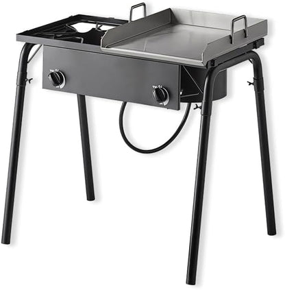 Griddle Plate 15" Gas Stove 32" with Hose Guard, Steel Heavy Duty Double Burner Outdoor Patio Stove, Tank Cooker Perfect for Deep Frying or Steaming, Turkey Fry, Catered Events, Range - 150,000BTU