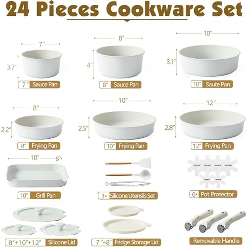 SENSARTE 24 Piece Nonstick Detachable Handle Pots and Pans Set White - Image 2