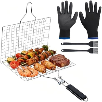 Grill Basket Set – Stainless Steel Folding BBQ Basket by JIETING