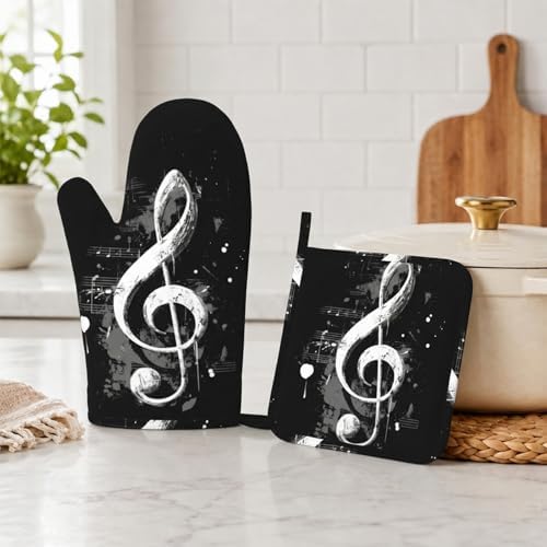 Black Notes Oven Mitts and Pot Holders Sets Non-Slip Silicone Surface - Image 5