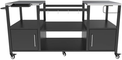 Heavy-Duty Outdoor Grill Cart with Stainless Steel Top, Rolling BBQ Prep Station Table for Large Ceramic Grills & Smokers, 67-Inch Metal Grill Stand with 2 Storage Cabinets, 6 Wheels, Black