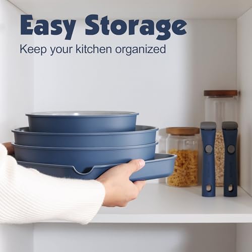 SENSARTE 17 Piece Ceramic Detachable Handle Pots and Pans Set Navy - Image 3