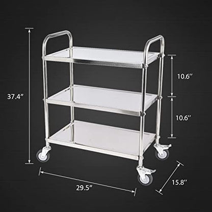 3 Shelf Stainless Steel Cart, 420 lbs, 1MM Thick, Serving With Wheels, Household Service Trolley, 360 Rotation Storage Shelf With Locking Wheels (29.5*15.8*37.4)'' Utility