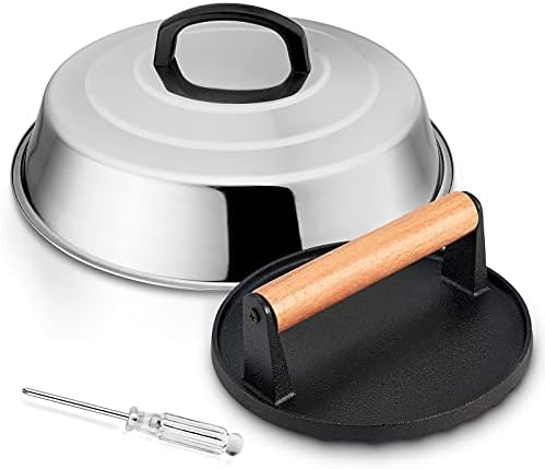 HaSteeL 12In Cheese Melting Dome & 7In Cast Iron Grill Press, Stainless Steel by HaSteeL