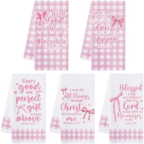 R HORSE 5 Pack Pink Bow Bible Verse Kitchen Dish Towels by RHORSE