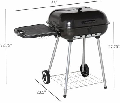 Portable Charcoal Grill with Wheels, 21-Inch BBQ Kettle Grill with Foldable Side Shelf & Warming Rack, Porcelain-Enameled Locking Lid & Adjustable Air Vent for Outdoor Camping, Patio, Backyard, Black