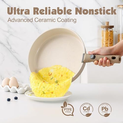 SENSARTE 24 Piece Ceramic Detachable Handle Pots and Pans Set Almond Beige - Image 4