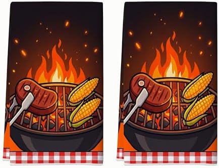 Grill Kitchen Towels Set of 2, Summer Casual Steak Corn Summer Orange by Unknown